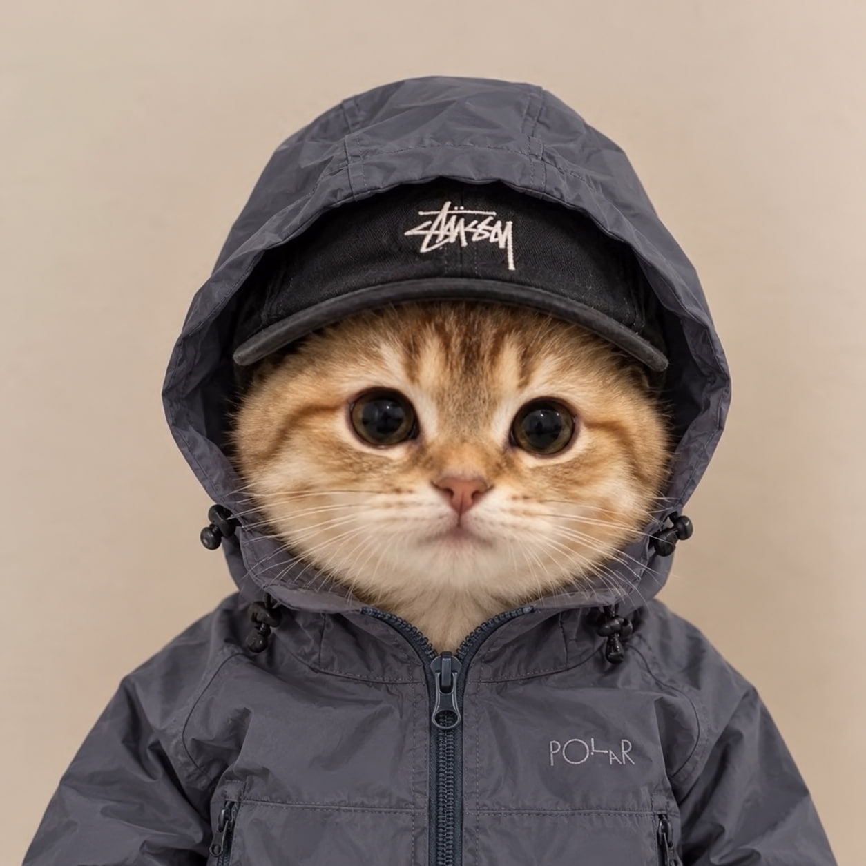 Gorpcore Cat in a technical jacket and cap
